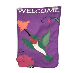 HUMMINGBIRD WELCOME GARDEN FLAG W/ APPLIQUE DESIGN